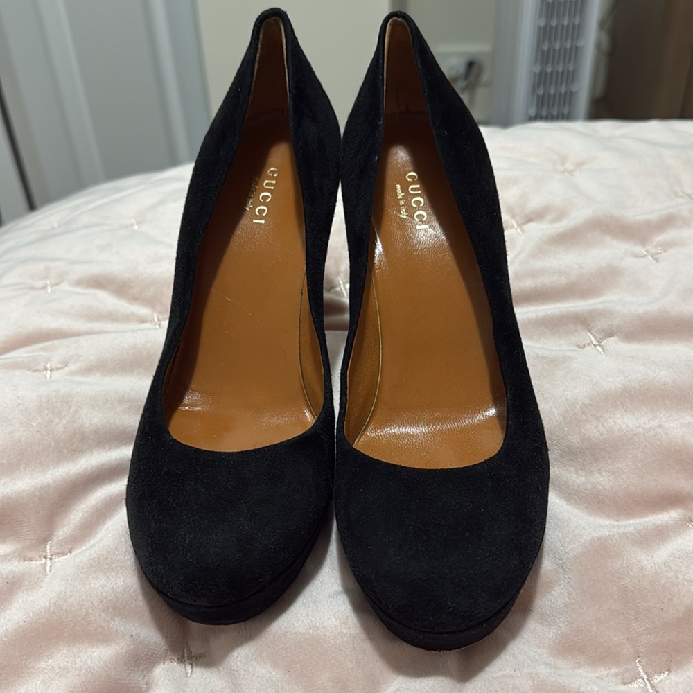 Authentic GUCCI black suede round toe platform heels shoes pumps size 6 36 - Picture 5 of 12